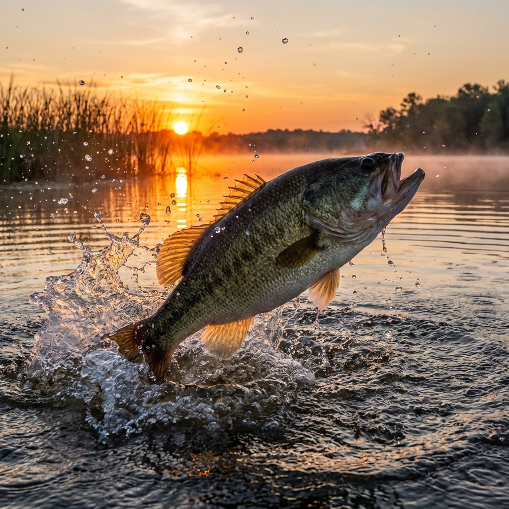 A dynamic splash of a huge bass fish jumping out of the water, sunset background, action shot, high speed photography, nature detail